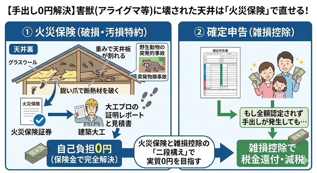 【大工プロ解説】アライグマなどの害獣被害を自己負担0円で解決する二段構えの修繕ルート。左側は、アライグマが天井裏の断熱材や天井板を破壊した突発物損事故に対し、建築大工の証明レポートと見積書を用いて火災保険（破損・汚損特約）を申請し、自己負担0円で完全解決する流れ。右側は、もし保険金で全額認定されず手出しが発生した場合でも、確定申告の雑損控除を利用して税金還付や住民税減税で費用を回収する流れ。火災保険と雑損控除で実質0円を目指す資産防衛術のインフォグラフィック。