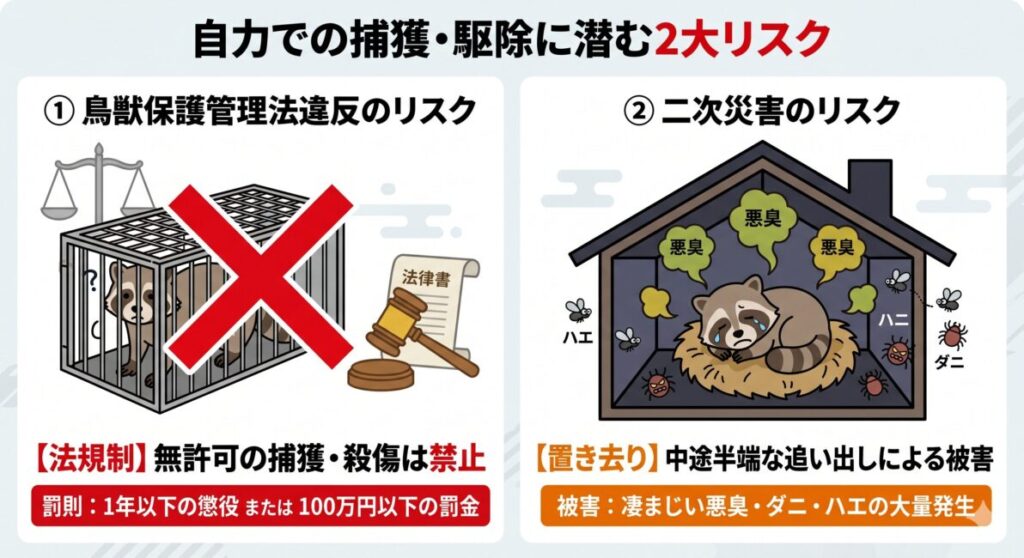『【自力駆除は法律違反】野生動物の捕獲に潜む重大なリスク』の図解イラスト。左側は法律違反のリスクを示し、無許可での捕獲罠の使用にバツ印をつけ、『1年以下の懲役または100万円以下の罰金』という鳥獣保護管理法の重い罰則を警告。右側は二次災害のリスクを示し、知識のない追い出しによって天井裏に子供の動物が取り残され、衰弱死することで『凄まじい悪臭・ハエ・ダニが大量発生』する危険性を解説。法を守りプロに頼るべき理由を伝えるインフォグラフィック。