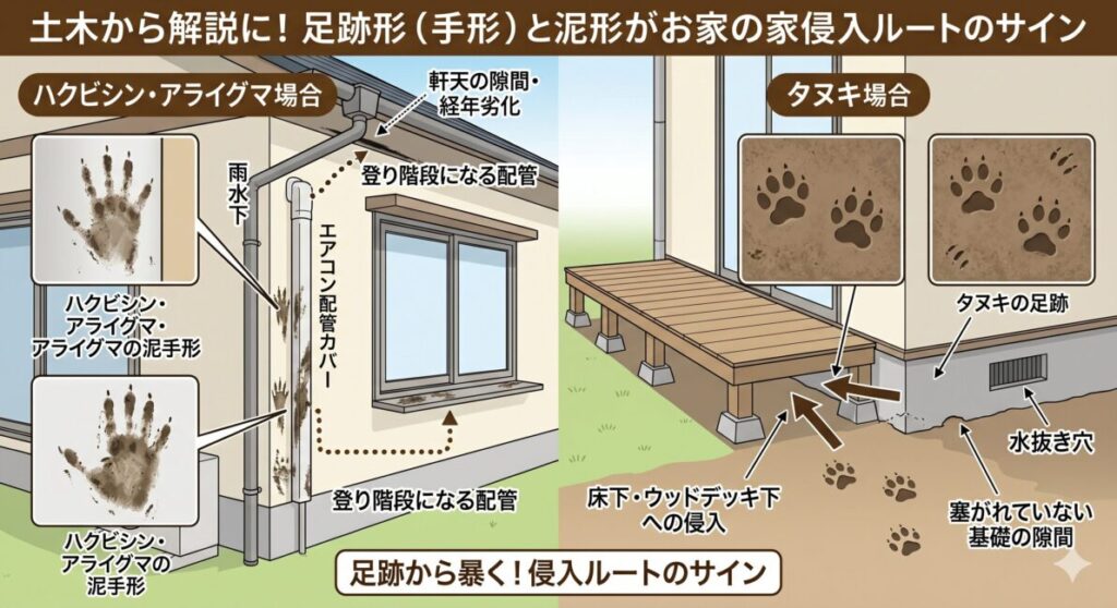 『大工プロが暴露：足跡（手形）が教えてくれる「おうちの侵入ルート」と泥汚れのサイン』の図解イラスト。左側はハクビシン・アライグマの例。雨樋やエアコン配管に残された泥の5本指の手形（よじ登った跡）と、そこから軒天や屋根の隙間へ侵入するルートを示す。右側はタヌキの例。地面に残された4本指の足跡と、基礎の水抜き穴やウッドデッキ下への土の掘り跡から、床下へ潜り込むルートを示す。足跡の種類と泥汚れの場所で侵入ルートを暴くインフォグラフィック。