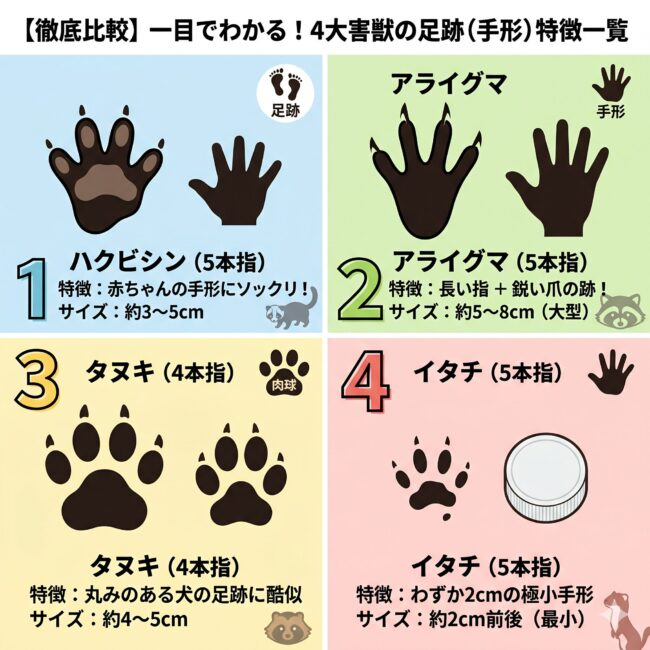 『4大害獣の足跡（手形）徹底比較』の図解。ハクビシン（5本指・3〜5cm・赤ちゃんの手形風）、アライグマ（5本指・5〜8cm・長い指と鋭い爪痕）、タヌキ（4本指・4〜5cm・丸っこい犬の足跡風）、イタチ（5本指・約2cm・ペットボトルキャップ大の極小手形）の4種類を、形とサイズ感で分かりやすく比較したイラスト。