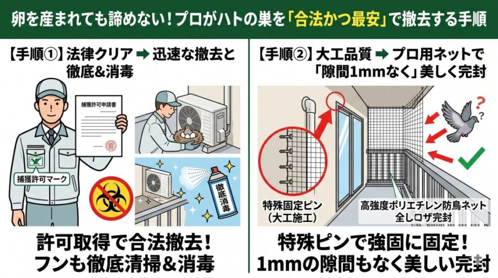 ハトの巣を合法かつ最安でプロが撤去する手順の図解。左側は、卵やヒナがいる場合でも法律に則り迅速に捕獲許可を取得し、安全に巣を撤去した後にベランダ全体を徹底清掃・消毒する初期対応。右側は、台風や紫外線に強いプロ用の高強度ポリエチレン防鳥ネットを大工品質で特殊固定ピンを使って等間隔にがっちりと張りつめ、ベランダ全体を隙間1mmもなく美しく覆ってハトの執着心を100%諦めさせる物理完封の手順を解説したインフォグラフィック。