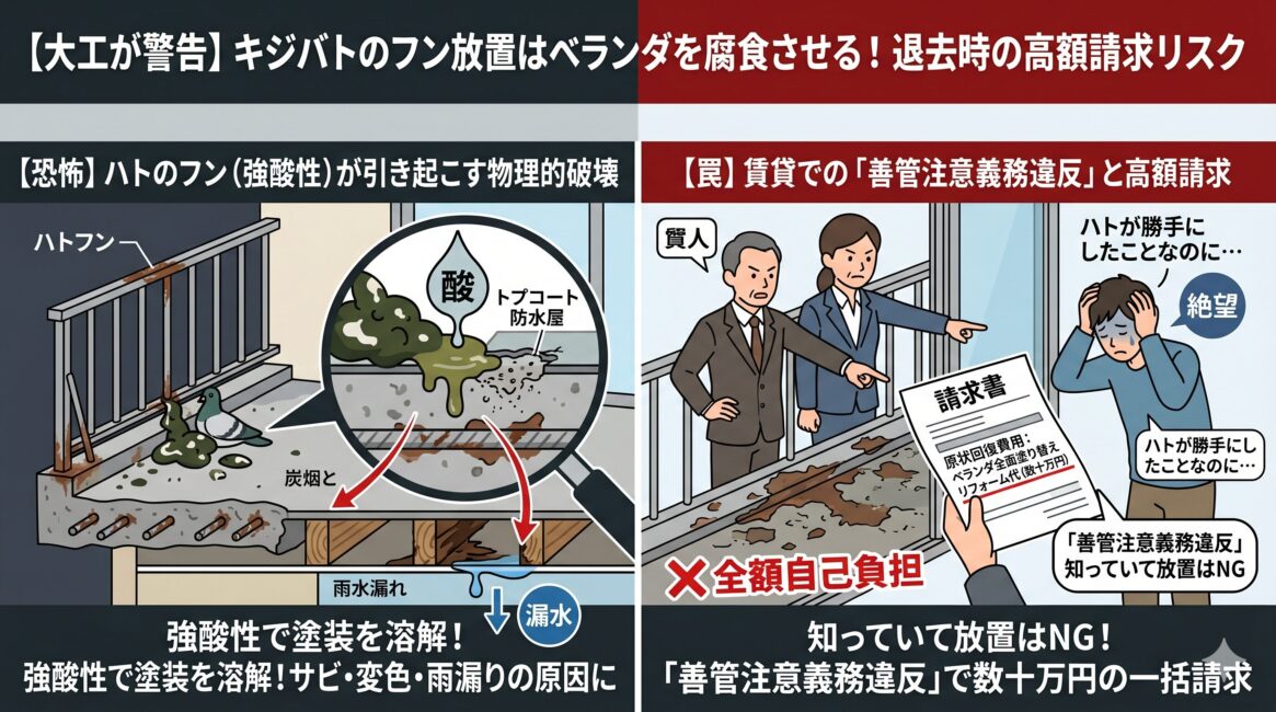 キジバトのフン放置によるベランダ腐食と原状回復費用請求のリスクを解説した図解。左側は、フンの強酸性成分がベランダの防水塗装や金属手すりを溶解・サビさせ、木部の腐食や雨漏りを引き起こす物理的ダメージを図解。右側は、賃貸物件でフンを放置した結果「善管注意義務違反」となり、退去時に大家からベランダ全面塗り替えリフォーム費用(数十万円)を原状回復費として全額自己負担で請求されるリスクを解説したインフォグラフィック。