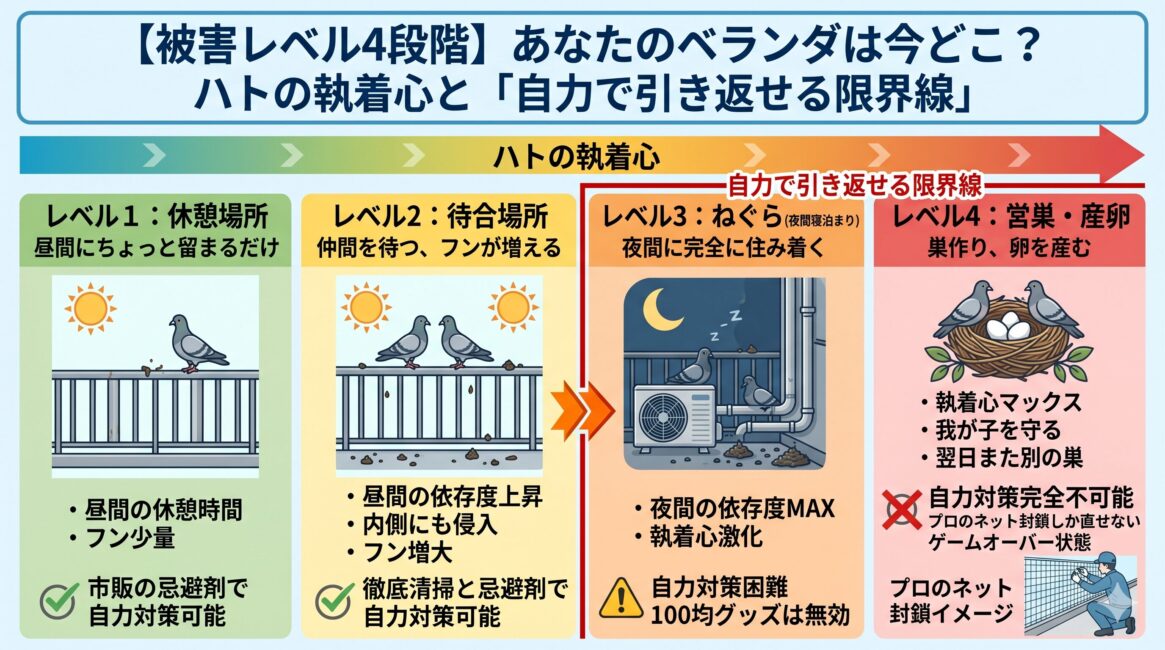 キジバトのフン放置によるベランダ腐食と原状回復費用請求のリスクを解説した図解。左側は、フンの強酸性成分がベランダの防水塗装や金属手すりを溶解・サビさせ、木部の腐食や雨漏りを引き起こす物理的ダメージを図解。右側は、賃貸物件でフンを放置した結果「善管注意義務違反」となり、退去時に大家からベランダ全面塗り替えリフォーム費用(数十万円)を原状回復費として全額自己負担で請求されるリスクを解説したインフォグラフィック。