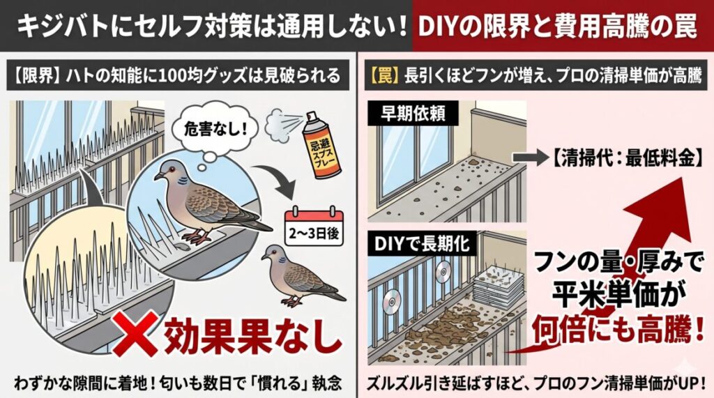 ハトのセルフ対策の限界とお掃除費用高騰の罠を解説した図解。左側は、100均のトゲトゲシートのわずかな隙間に着地し、忌避スプレーの匂いにも数日で慣れてしまうハトの驚異的な知能と執着心をイラストで図解。右側は、効果のないDIY対策で解決を先延ばしにするほどフンの量やこびりつきが深刻化し、最終的にプロに依頼した際の「お掃除平米単価」が何倍にも高騰して大損する仕組みを比較解説したインフォグラフィック。
