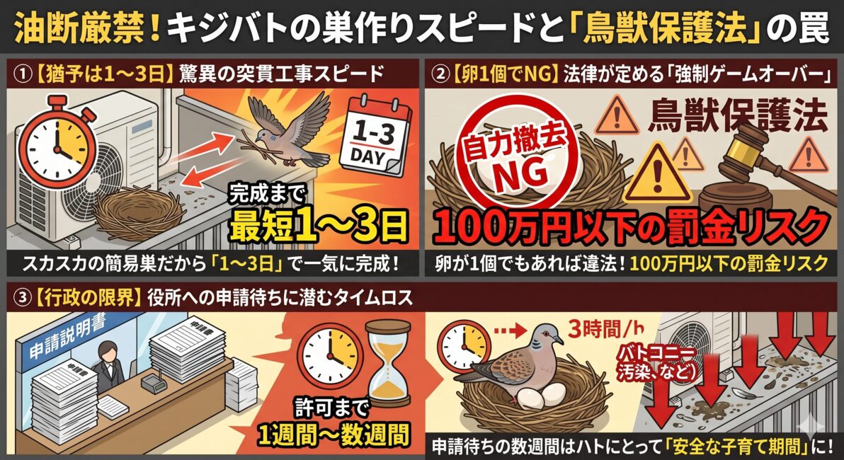 キジバトの巣作りスピードと鳥獣保護法の罠を解説した図解。1つ目は、簡素な小枝の巣のため最短1〜3日で突貫工事が完了し産卵されるスピード。2つ目は、鳥獣保護法により卵が1個でも産まれた瞬間から自力撤去は「100万円以下の罰金リスク」を伴う犯罪(強制ゲームオーバー)になる罠。3つ目は、役所への有害鳥獣捕獲許可申請には1週間〜数週間のタイムロスが発生し、その間にもハトの被害が拡大する現実を解説した3ステップのインフォグラフィック。