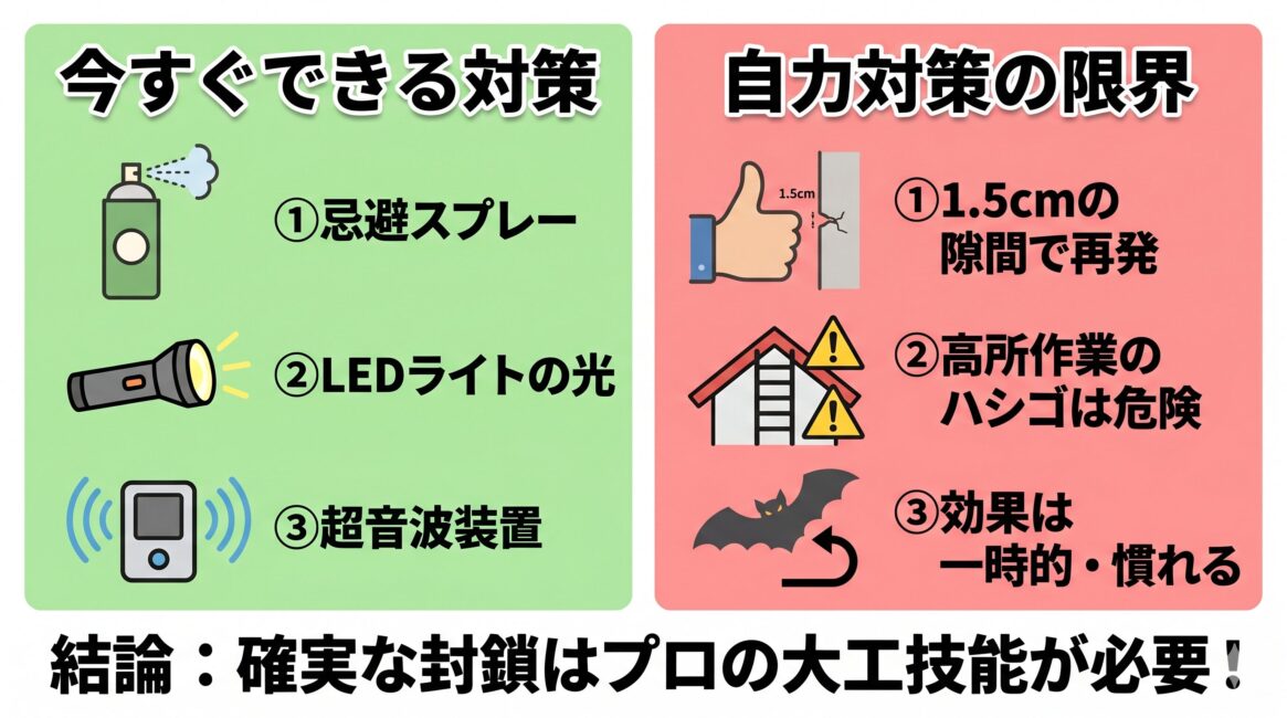 「今すぐできるコウモリ追い出し方法と自力対策の限界」を比較した解説図。左側には自力でできる応急処置（忌避スプレー、LEDライト、超音波）を紹介。右側には自力対策の限界として、1.5cmの隙間からの再発、高所での危険なハシゴ作業、効果の慣れという3つの落とし穴を挙げており、確実な完全封鎖にはプロの大工技能が必要であることを説明しています。