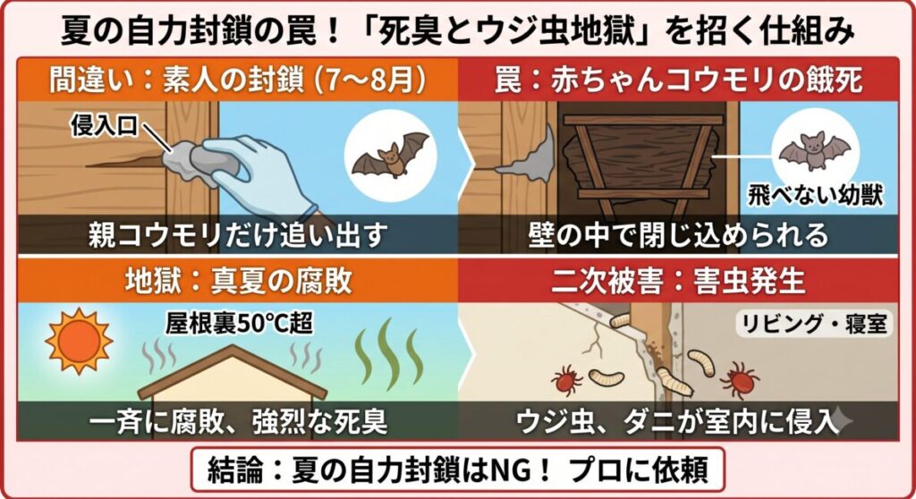 夏のコウモリ対策で自力封鎖が危険な理由を解説した図解。親コウモリを追い出しても、飛べない赤ちゃんコウモリが壁の中に閉じ込められて餓死し、真夏の高温で腐敗することによって、リビングへ強烈な死臭やウジ虫が大量発生する大惨事へとつながる仕組みをわかりやすく説明しています。