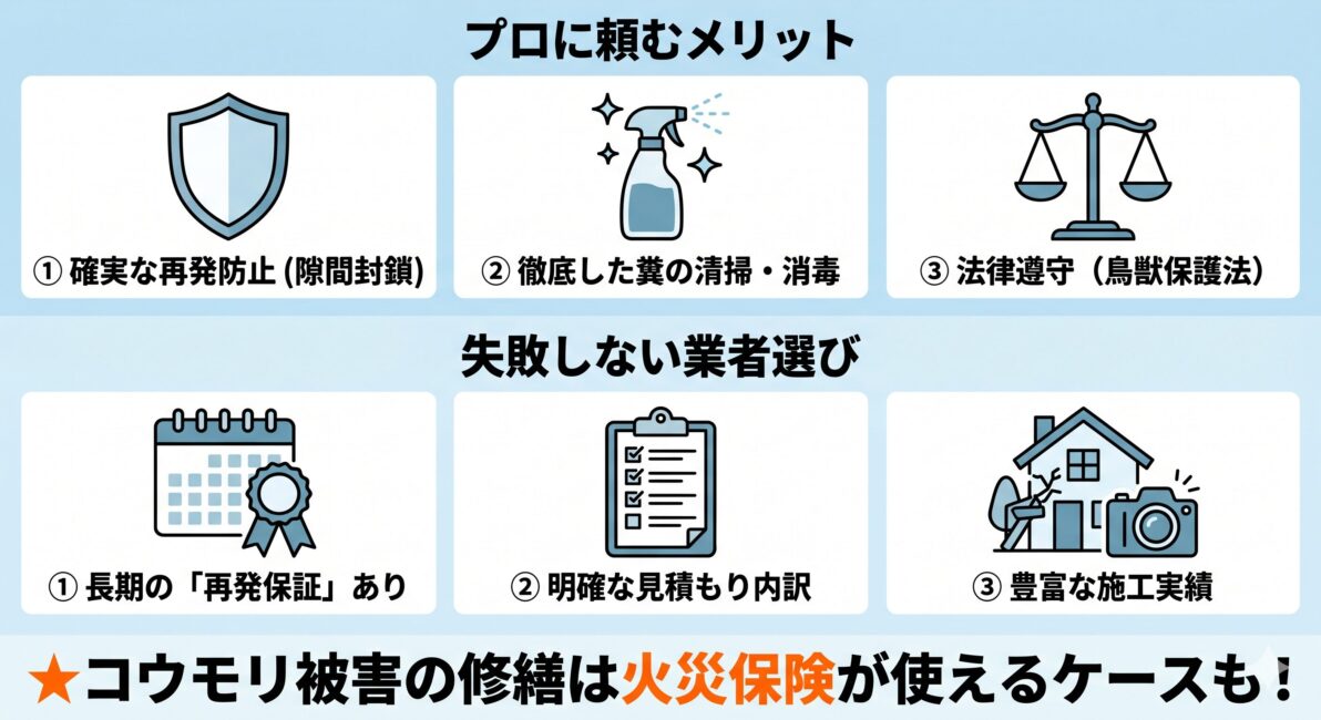 コウモリ駆除をプロに依頼するメリットと優良業者の選び方」をまとめた解説図。左側にはプロに頼むメリットとして、確実な再発防止（隙間封鎖）、徹底した糞の清掃・消毒、法律遵守（鳥獣保護法）の3点を提示。右側には失敗しない業者選びのポイントとして、長期の再発保証、明確な見積もり内訳、豊富な施工実績の3点を挙げています。下部には、コウモリ被害の修繕に火災保険が使えるケースがあることも記載しています。