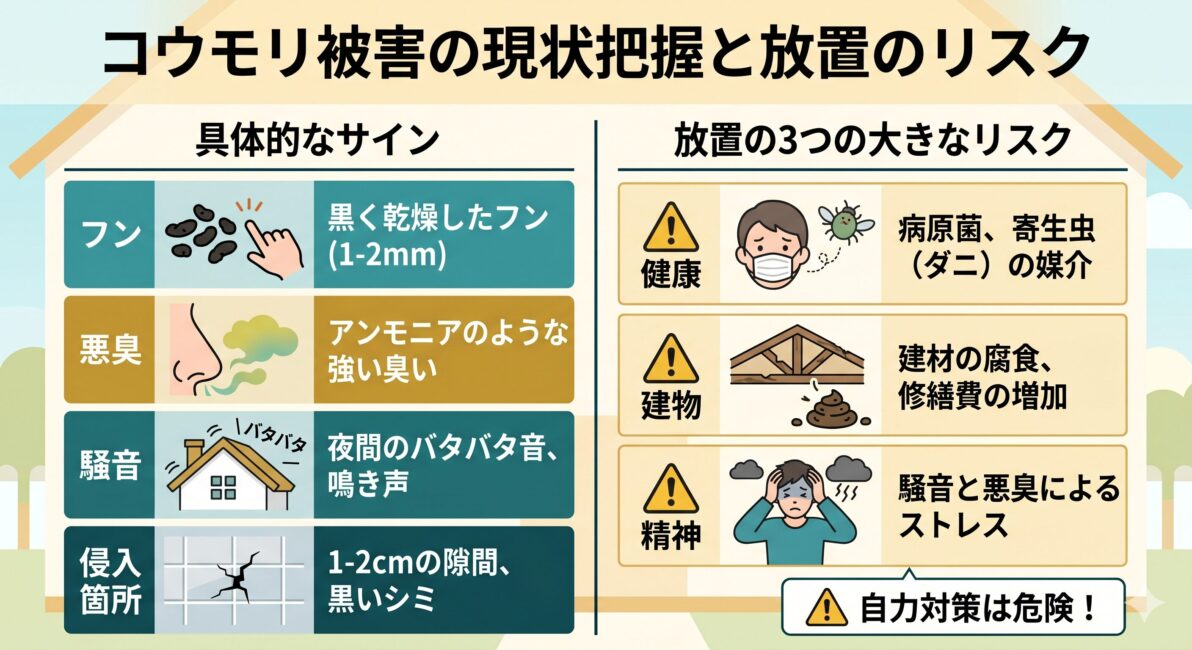 コウモリ被害の現状把握と放置のリスクを解説した図解。具体的なサイン（フン、悪臭、騒音、侵入箇所）と、放置する3つのリスク（健康、建物、精神）を一覧でまとめています。
