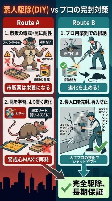 クマネズミ駆除における素人対策（DIY）のリスクとプロの完封対策の構造を左右で対比したインフォグラフィック図解。