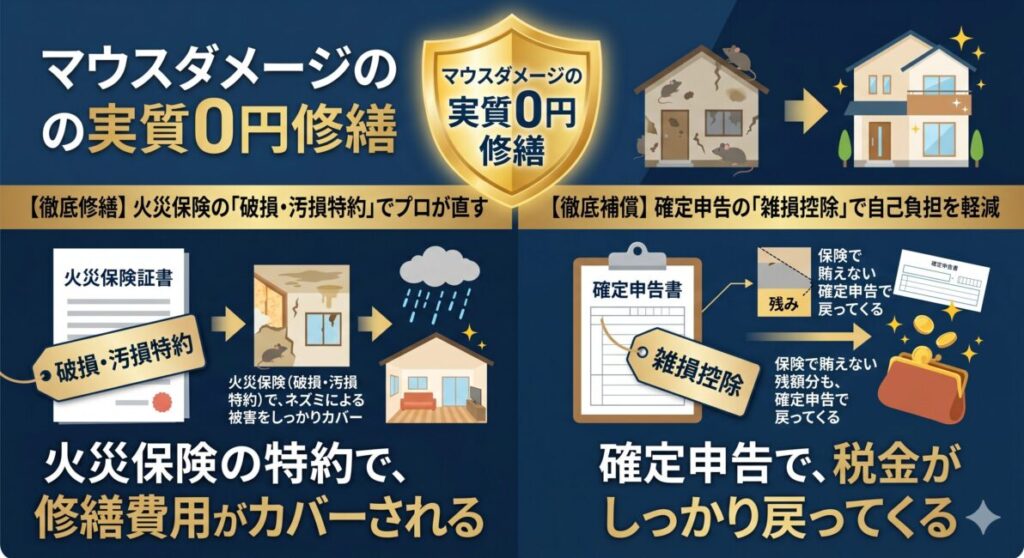 クマネズミによる住宅破壊を「火災保険」と「確定申告の雑損控除」の二段構えで、自己負担をなくし実質0円でリフォーム修繕する仕組みを可視化したインフォグラフィック図解。

画面中央上部には「実質0円」と書かれたゴールドの盾と修繕された家が描かれており、画面は左右のプロセスに分かれている。

左側の「ステップ1：火災保険」では、火災保険証書の破損・汚損特約を活用することで、ネズミにズタズタにされた天井裏の断熱材や糞尿のシミがついた天井のリフォーム・修繕費用が保険金でカバーされる仕組みが描かれている。

右側の「ステップ2：確定申告」では、万が一保険でカバーしきれなかった自己負担分が発生しても、税制上の救済措置である「雑損控除」を申請することで、所得税の還付や住民税の減税としてお金がお財布に戻ってくるバックアップ構造が描かれている。

高い駆除リフォーム費用に悩むユーザーに対し、自腹を切らずに国の制度と保険で我が家を完全復旧できるロジックを、スマホ画面でも文字を詰め込まず直感的に伝えるクリーンなデザイン。