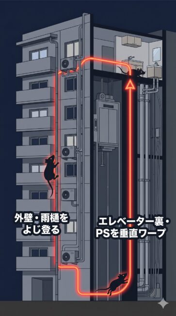 高層マンションにおけるクマネズミの「垂直ワープ侵入ルート」を大工プロの目線で視覚化した縦型のインフォグラフィック図解。
