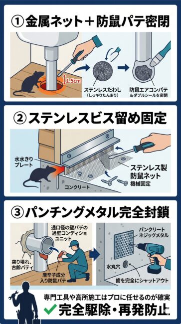クマネズミが侵入する建物構造の「3大・侵入口」と、それらを二度と突破させない大工プロの具体的な完封施工手順を解説したインフォグラフィック図解。

画面は3つのセクションに分かれており、
1つ目は「シンク下・洗面台下の配管隙間」の手順として、1.5cmの床板の穴の隙間にステンレスたわしをギチギチに詰め込み、その上から防鼠パテを巻き付けて二重密閉するプロセスが描かれている。
2つ目は「外壁サイディングの水切り隙間」の手順として、床下の通気性を殺さないよう目の細かいステンレス製防鼠ネットを挟み込み、大工工具でステンレスビス（ネジ）を用いて下地にがっちりと機械固定するプロの技が描かれている。
3つ目は「エアコン配管と基礎の水抜き穴」の手順として、劣化したパテを剥がしてカプサイシン配合の防鼠パテを分厚く盛る工法と、コンクリートの穴に噛みちぎられないパンチングメタルを打ち付ける対策が可視化されている。

市販のテープ対策とは異なり、建物の構造を熟知したプロが金属資材と専門工具で物理的に侵入経路を完全シャットアウトする重要性が、スマホ画面でも1秒で直感的に理解できるデザイン。