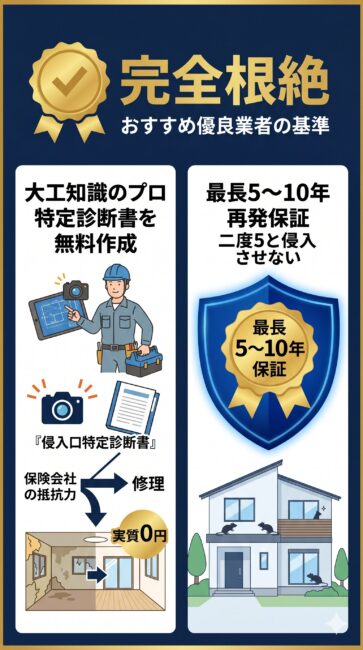 大工知識を持った優良業者による、瑕疵・侵入口特定診断書と最長5〜10年の再発保証を駆使したクマネズミ完全根絶の仕組みを解説したインフォグラフィック図解。

画面中央上部には「完全根絶（おすすめ優良業者の基準）」と書かれたゴールドのメダルが配置され、画面は左右の2大メリットに分かれている。

左側のセクションでは、建築・大工の高度な施工知識を持った専門スタッフが、見落としがちな壁裏や床下の侵入口をプロの目で見抜き、保険申請を有利に進めるための高精度な「瑕疵・侵入口特定診断書（被害鑑定レポート）」を無料作成して実質0円修繕を強力サポートする様子が描かれている。

右側のセクションでは、施工後に万が一再発した場合でも言い逃れのない「最長5〜10年の長期再発防止保証」が付帯する安心の防衛盾（シールド）が家を包み込んでおり、確実な大工技術と一貫した長期保証によって我が家が永続的に守られる構造が描かれている。

自力対策の限界を突破し、支払った費用を無駄にせず最も安全にネズミをシャットアウトする優良業者の選び方を、スマホ画面でも文字を詰め込まず直感的に伝えるクリーンなデザイン。