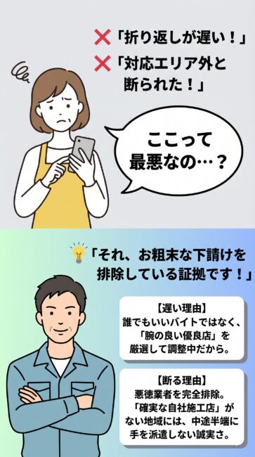 害虫駆除のネットの悪評『折り返しが遅い』『エリア外で断られた』の真相をプロの大工が解説する図解。スピード優先で素人バイトを派遣する悪質マッチングサイトとは違い、技術力の高い優良な自社施工店だけを厳選しているからこそ発生する『信頼の証』であることを比較したイラスト。