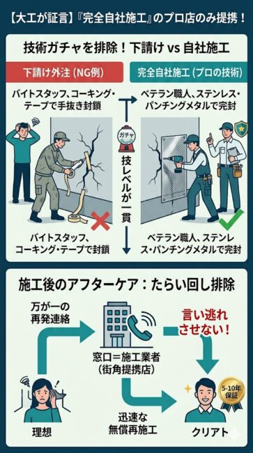 建築のプロ（大工）視点から見た、街角害虫駆除相談所の独自の安心構造を解説するインフォグラフィック。画面は上下に分割されている。上段は「技術ガチャを排除」という対比図で、外注バイトスタッフが養生テープや弱いコーキングで侵入口を塞ぐ手抜き工事（NG例）と、自社ベテラン職人がステンレスパンチングメタルで建物の構造に合わせ強固に完封する「完全自社施工」の様子が対比され、技術レベルが一貫していることが視覚的に伝わる。下段は「施工後のアフターケア：たらい回し排除」というフロー図で、万が一の再発時に窓口である提携施工業者へダイレクトに連絡が入り、言い逃れや責任のなすりつけ合いが発生せず、すぐに施工した職人が無料再施工（5-10年保証）に駆けつける、窓口と施工元が一貫した安心構造が描かれている。