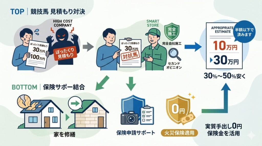 ぼったくり見積もりを対抗馬として、駆除費用を引き下げ、実質手出し0円を目指す「賢い相見積もり手順」を解説したインフォグラフィック。画面は上下のセクションで構成されている。上段「競合他社見積もりとの対峙」では、不安そうな顧客が高額見積もり（30万円〜100万円）を提示する他社にセカンドオピニオンとして街角相談所（完全自社施工）へ相談し、本当に必要な項目だけを削り出したスマートな適正見積もり（半額以下の10万円〜30万円、30%〜50%OFF）を提示されることで大幅な減額を実現する様子が描かれている。下段「保険サポートと実質手出し0円」では、害虫獣による建物損壊（断熱材の損傷、家の修繕）に対し、火災保険の申請サポート（詳細な写真撮影、正確な大工目線の見積もり）を完璧に行うことで保険金を最大限に活用し、実質手出し0円で修繕できる仕組み（保険適用サポートと0円アイコン）が描かれている。