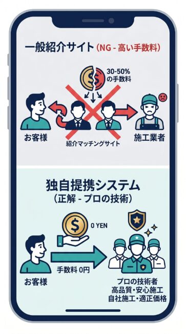 一般的な害虫駆除の紹介サイト（高額手数料30〜50%上乗せで中抜き、再発リスク高）と独自の提携システム（中間マージン0円、支払ったお金が100%高品質施工に還元される適正価格のダイレクト施工）を対比させた図解。スマホで見やすく、安さと高品質施工が両立する仕組みが直感的に伝わる構成。