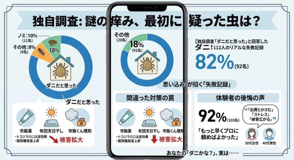 112名のトコジラミ体験者への独自調査結果を図解。「ダニだと思った」と回答した人が82%に達することを示す円グラフ、間違った対策（市販薬、天日干し、くん煙剤）が被害を拡大させるリスク、92%が「早くプロに頼めばよかった」と後悔していることを示すイラストパネルで構成。スマホでも見やすいクリーンなデザイン。