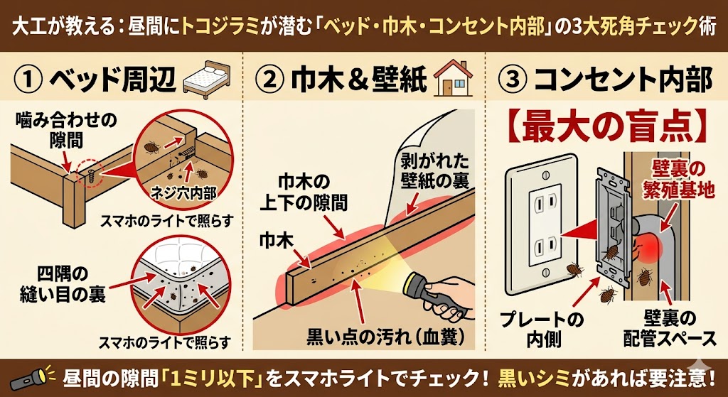 「大工が教えるトコジラミの3大死角チェック術」をまとめた図解。木製ベッドの隙間や縫い目の裏、巾木の隙間と剥がれた壁紙裏、そしてコンセントプレート内側の巨大基地という、昼間に潜伏しやすい箇所と黒い点の汚れ（血糞）の確認方法を解説している。