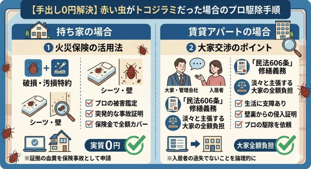 トコジラミ駆除費用を自己負担0円（手出し0円）にするための火災保険と大家交渉のプロ手順の比較図。左側（持ち家）は破損・汚損特約を活用し、プロの被害鑑定と論理的な証明で保険全額カバーする手順を解説。右側（賃貸）は民法606条の大家の修繕義務を根拠に交渉し、大家全額負担でプロを呼ぶ交渉術を解説。