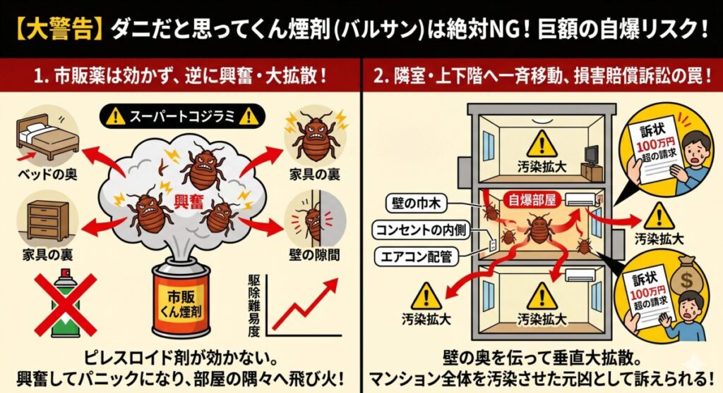 ダニだと思って市販のくん煙剤（ピレスロイド剤）を使用することの危険性を解説した図解。左：殺虫成分に興奮したスーパートコジラミがパニック状態で大拡散し、駆除難易度が爆上がりする様子。右：興奮した個体が壁の隙間を抜けてマンション内の他室へ垂直大拡散し、全体の汚染原因として100万円超の損害賠償を全額請求される罠。
