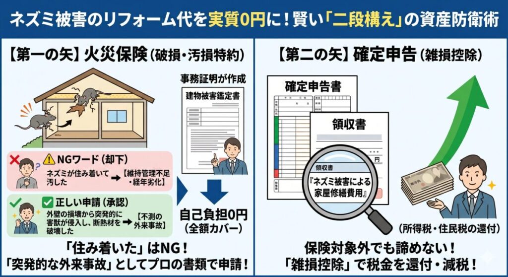 ネズミ被害の天井リフォーム費用を実質0円にするための火災保険と雑損控除の活用手順の図解。左側は、火災保険の破損・汚損特約を適用する手順として、「住み着いた（経年劣化）」ではなく「突発的な外来事故」としてプロの被害鑑定書とともに申請し、断熱材全交換を自己負担0円にするロジックを解説。右側は、保険未付帯や免責分をカバーする第二の矢として、確定申告で「雑損控除」を適用し、ネズミ被害による修繕費用であることを明記した領収書を使って所得税や住民税を還付・減税させる仕組みを比較解説。