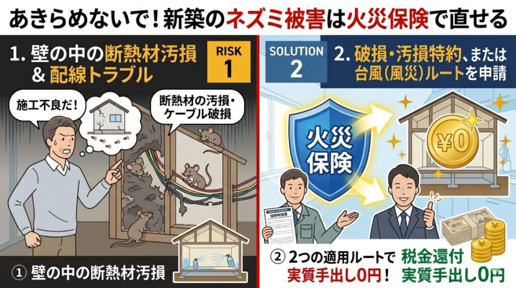 ハウスメーカーの瑕疵が認められなかった場合でも、ネズミによる新築の天井や断熱材の汚損修繕費用を火災保険で実質0円にする仕組みを解説した図解イラスト。左側はネズミに破壊された壁の中の断熱材や電気ケーブルの被害、中央は火災保険の「不測かつ突発的な事故（破損・汚損特約）」および「台風などの雨漏りが原因の風災ルート」という2つの適用条件、右側は保険金が認定されて自己負担0円（手出しなし）で元通りに綺麗に修繕されるまでの解決プロセスを視覚的に分かりやすく説明しています。