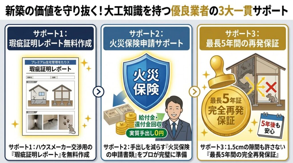 新築・築浅住宅のネズミ被害において、ハウスメーカー交渉から長期保証までを一貫サポートする優良駆除業者の強みを解説した図解イラスト。大工レベルの建築知識をベースに、①ハウスメーカーに施工ミスを認めさせるための「写真・図面付き特定診断書」の無料作成、②自己負担を減らすための「火災保険の申請書類サポート」、③施工後も追加料金なしで長期間住まいを守る「最長5年間の完全再発保証」という、大切な資産を守り抜くための3つの必須条件を視覚的に分かりやすく説明しています。