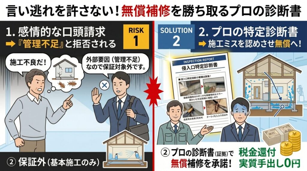 ハウスメーカーに新築のネズミ侵入口の無償補修を認めさせるための「瑕疵・侵入口特定診断書」の重要性を解説した図解イラスト。左側は施主が口頭で施工不良を訴えても「外部要因や管理不足」としてハウスメーカーに言い逃れされてしまう保証の限界を示し、右側は大工知識を持つプロの業者が作成した床下の塞ぎ忘れや施工不良を証明する「写真・図面付きの診断書（証拠）」を提示することで、ハウスメーカー側に非を認めさせて無償での閉塞工事を承諾させる成功プロセスを視覚的に説明しています。