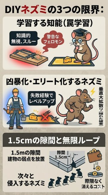 素人が行うネズミの自力駆除（DIY罠）に潜む3つの致命的な限界を解説したインフォグラフィック図解。上段には、仕掛けられた粘着シートや罠の危険を学習して完全に避ける、知能の高いスーパーラットのイラスト。中段には、生ぬるい罠の設置によって脱出に成功し、警戒レベルがMAXまで跳ね上がった『超エリートネズミ』が誕生するリスクを表現。下段には、建物のわずか1.5cmの隙間から新しいネズミが次々と侵入する様子と、根本的な侵入口封鎖をしないため罠代にお金をドブに捨て続ける『無限ループの罠』をコインと排水口のイラストで表現している。スマホでも自力対策の限界が直感的にわかる構成。