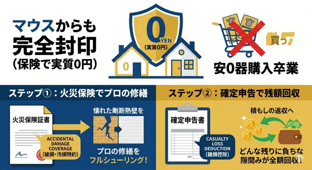 市販のネズミ罠の買い漁りをやめ、自己負担0円でプロに家ごと完封してもらう2つの資産防衛術を解説したインフォグラフィック図解。中央上部には、無駄な罠の購入（買い物カート）にバツ印がつき、実質0円で家を守るシールドのイラスト。画面左側はファーストステップとして、ネズミによる断熱材などの被害を火災保険の『破損・汚損特約』を使ってプロの手で実質0円リフォームするルートを表現。画面右側はセカンドステップとして、保険でカバーできなかった端数の自己負担分を、翌年の『確定申告の雑損控除』で国から税金還付としてすべて回収するルートを表現している。スマホでも『保険×確定申告』の最強の二段構えが直感的に伝わる構成。