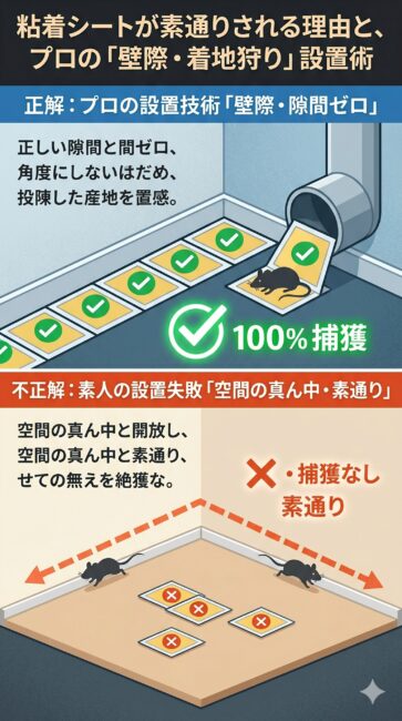 ネズミの粘着シートの『効果のない置き方』と『プロの設置技術』を比較したインフォグラフィック図解。画面左側はNG例で、部屋の真ん中にまばらに置かれた罠を無視し、ネズミが壁沿いのルートを素通りしていく様子を描写。画面右側はプロの正解例で、ネズミの動線である壁のキワに1ミリの隙間もなく敷き詰められた粘着シートを描写。さらに、壁の配管（侵入口）からネズミが飛び出してくる着地地点の死角を狙い、角度をミリ単位で計算してシートを傾けて配置し、確実に捕獲している構造を表現している。スマホでも罠の正しい位置が直感的にわかる構成。