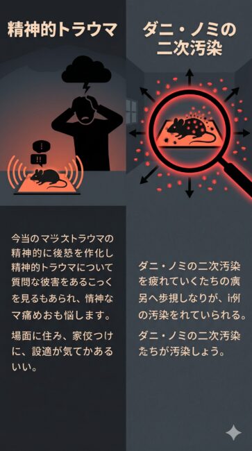 ネズミの自力駆除（DIY罠）の後に待つおぞましい現実を解説したインフォグラフィック図解。画面は左右に分割されている。左側は『精神的トラウマ』をテーマに、粘着シートの上でもがき悲鳴を上げるネズミのシルエットと、自らの手で殺処分しなければならない現実に頭を抱えて激しく苦悩する依頼者のシルエットを描写。右側は『ダニ・ノミの二次汚染』をテーマに、罠にかかったネズミの体温低下に伴い、宿主から数千匹のダニやノミ（無数の赤いドット）が一斉に這い出て部屋の四方八方へ拡散していく危険な様子を矢印で描写している。スマホでも自力処理に伴う精神的・衛生的リスクが直感的に伝わる構成。