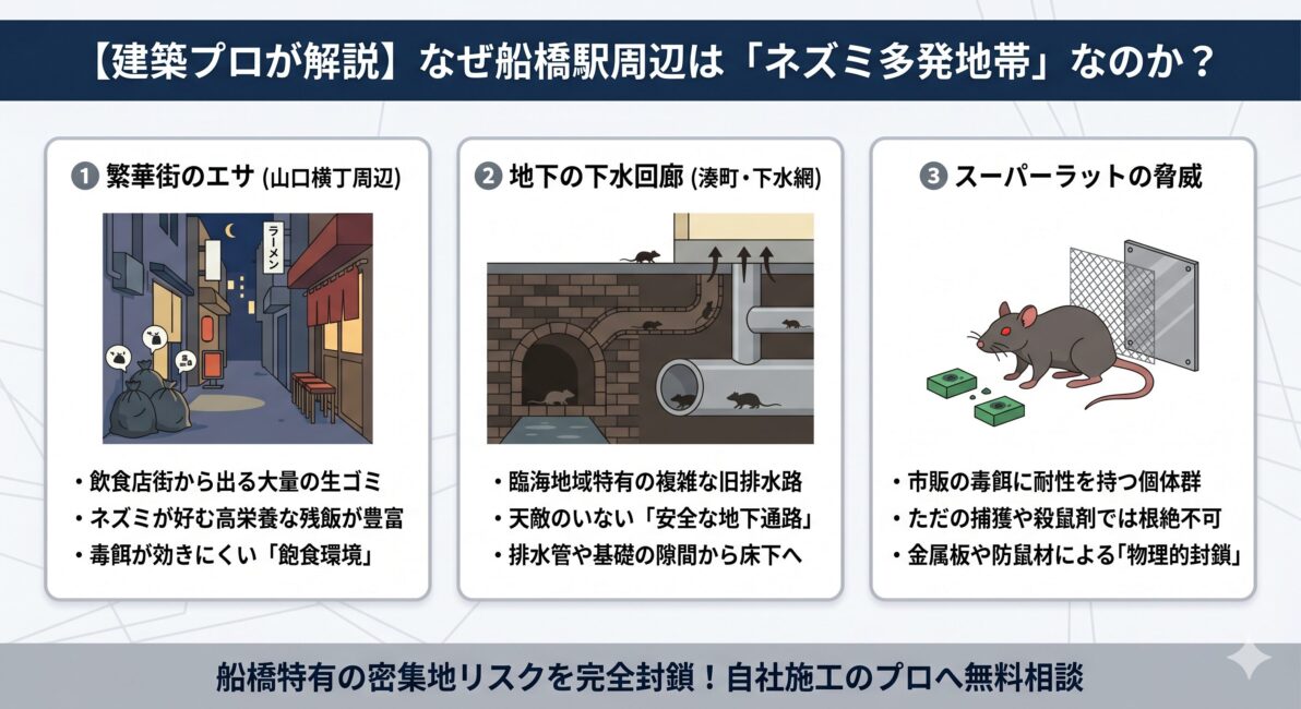 船橋駅周辺本町・湊町・海神が千葉県トップクラスのネズミ多発地帯な理由の図解画像