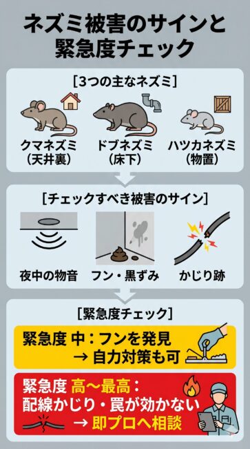 ネズミ被害のサインと緊急度判定のセルフチェック図解。クマネズミ(天井裏)・ドブネズミ(床下)・ハツカネズミ(物置)の特徴と、物音・フン・配線のかじり跡といったラットサインを解説。フン発見時は緊急度中(自力対策可)、配線被害や罠が効かない場合は緊急度高(プロへ相談)を示すイラスト。