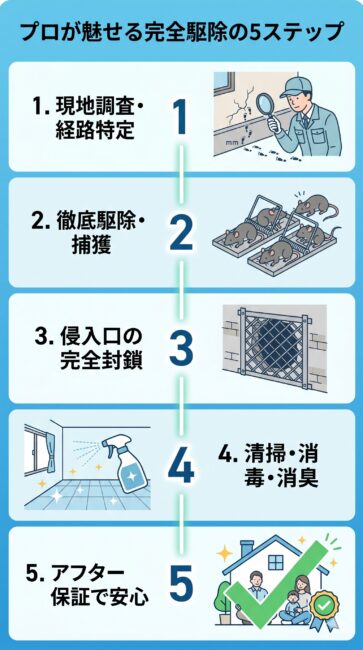 ネズミ駆除プロ業者の役割と「完全駆除」に導く5ステップの図解。ステップ1「現地調査と侵入経路特定」、ステップ2「徹底駆除・捕獲」、ステップ3「金網等による侵入口の完全封鎖」、ステップ4「死骸回収・消毒・消臭」、ステップ5「アフターフォローと再発保証」の流れを解説したイラスト。