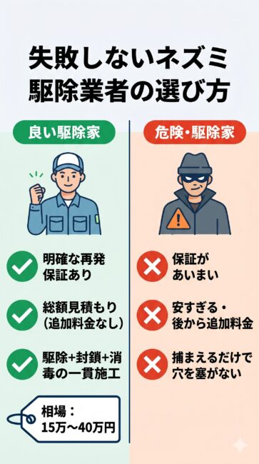 失敗しないネズミ駆除業者の選び方と費用相場の図解。優良業者の条件(明確な再発保証、追加料金なしの総額見積もり、駆除・封鎖・消毒の一貫施工、戸建て相場15万〜40万円)と、避けるべき業者(保証なし、後から追加料金、穴を塞がない)を対比して解説したイラスト。