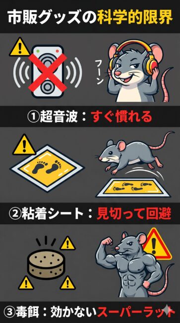 市販のネズミ撃退グッズが持つ「科学的限界」の図解イラスト。超音波は数日で慣れて戻ってくること、粘着シートは知能の高いネズミに見切られて回避されること、市販の毒餌は遺伝的耐性を持つスーパーラットに効かないことの3つの限界を解説した画像。