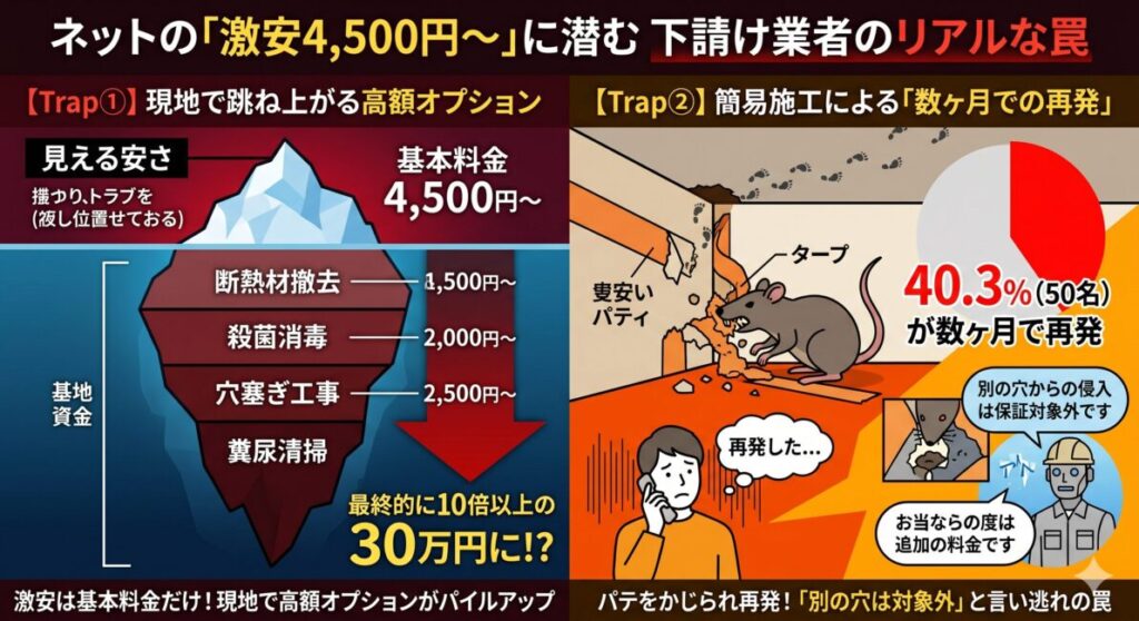 ネットの激安ネズミ駆除広告に潜む下請け業者の罠を解説した図解。左側は「高額オプションの罠」として、4,500円等の基本料金はシート設置のみで、現地で断熱材撤去や消毒、穴塞ぎが積み重なり総額が10倍以上の30万円に跳ね上がる仕組みを氷山型で図解。右側は「再発・保証の罠」として、建築知識のない簡易パテ施工が数ヶ月でネズミにかじり破られ、40.3%が再発しているデータと、業者から「別の穴は保証対象外」と言い逃れされるリスクを解説。