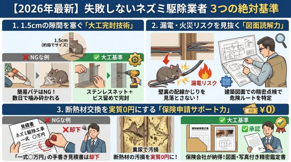 大工プロが重視するネズミ駆除業者の3つの選び方基準の図解。1つ目は、1.5cmの隙間もパテ等の簡易施工ではなくステンレスネットとビス留めで物理完封する技術。2つ目は、壁裏のVVF電気配線のかじりによる漏電火災リスクを建築図面から見抜く読解力。3つ目は、ズタズタにされた断熱材の交換費用を火災保険（破損・汚損特約）で実質0円にするための、図面・写真付き被害鑑定書の作成サポート力。