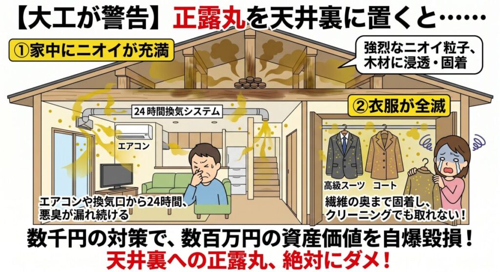 【大工が警告】正露丸を天井裏に置くことによる被害の図解。天井裏の木材に染み込んだ強烈なニオイが、エアコンや換気システムを通じてリビングや寝室に家中拡散。クローゼット内の高級スーツや衣類の繊維にもニオイが固着し、クリーニングでも取れず、資産価値を自ら破壊する悲劇を表す。
