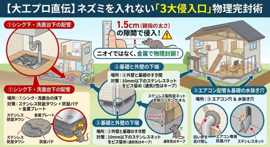【大工直伝】ネズミの侵入を防ぐ3大侵入口の物理完封術の図解。1.5cmの隙間から入るネズミに対し、①シンク下の隙間にステンレス防鼠タワシとパテ、②外壁下端の通気口に防鼠ステンレスネットのビス留め、③エアコン配管への防鼠パテ盛り直しと基礎水抜き穴へのネット嵌め込みという、金属を使ったプロの封鎖技を表すイラスト。