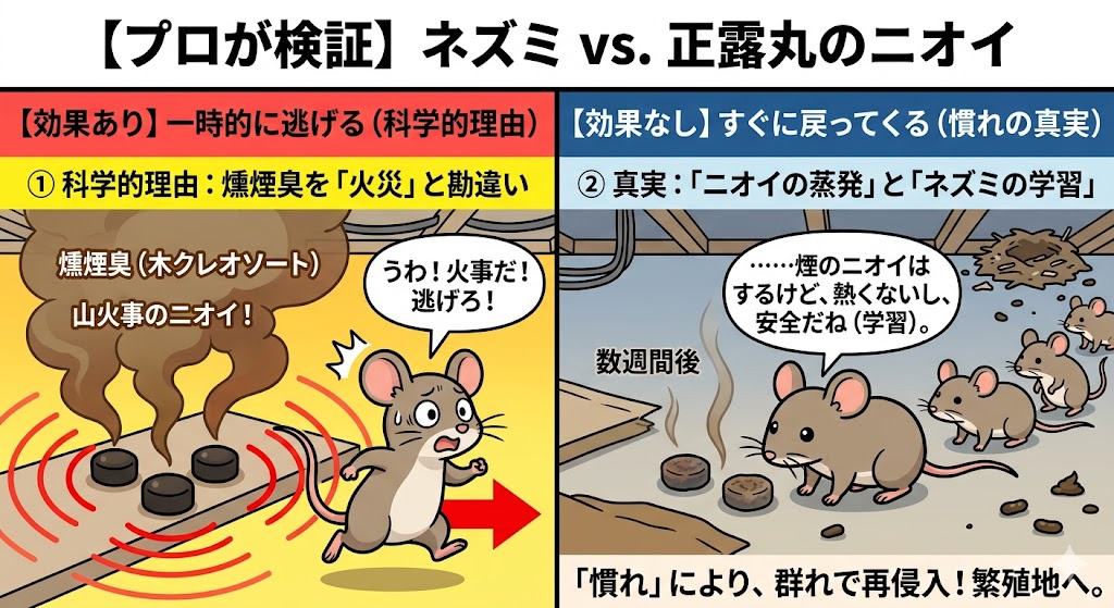 【プロが検証】ネズミへの正露丸効果の図解。左:正露丸の燻煙臭を『山火事の危険』と本能的に感じて焦って逃げるネズミ。右:数週間後、ニオイが薄まり『危険はない』と学習(慣れ)し、仲間を連れて戻ってくるネズミの群れ。一時しのぎの仕組みと限界を表す。