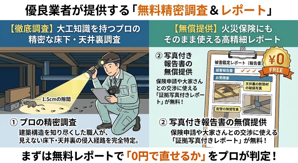 おすすめ優良業者の無料精密調査と写真付き報告書の図解。左側に大工知識を持つプロの職人がライトで暗い床下や天井裏の侵入経路を特定しているイラスト。右側に、火災保険申請や交渉にそのまま使える、高精細な証拠写真と見積もりが載った『被害鑑定レポート』が無料(0円)で提供される流れを表すイラスト。