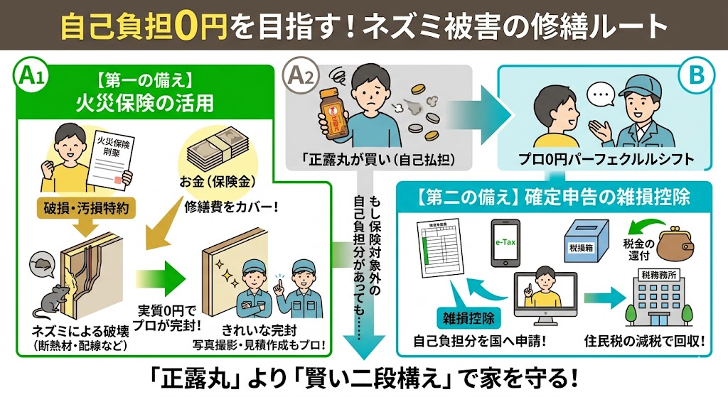 ネズミ被害を自己負担0円で解決する手順の図解。左側に『火災保険の破損・汚損特約』を利用してプロに断熱材などの修繕と完封工事を実質0円で依頼するイラスト。右側に保険対象外の自己負担分を『確定申告の雑損控除』で税金還付・住民税減税として回収するイラスト。正露丸に頼らない賢い二段構えの手順を表す。