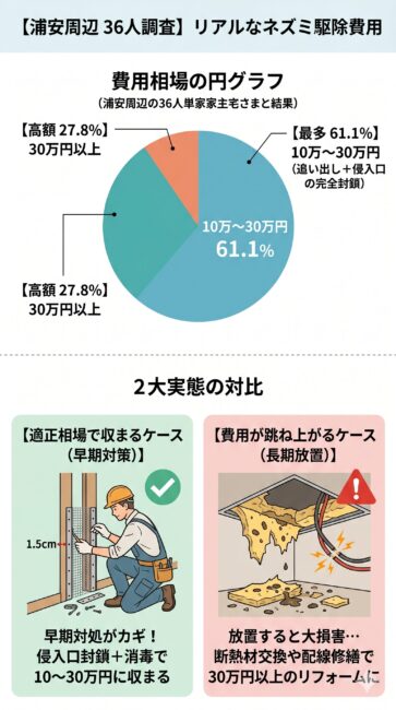 浦安周辺の一戸建てオーナー36人への独自調査によるネズミ駆除費用の相場図解。全体の61.1%が10万〜30万円の範囲で解決している円グラフを表示。早期に対処すれば侵入口の完全封鎖と消毒で適正相場に収まる一方、長期放置すると断熱材の破壊や配線かじりによる被害が発生し、30万円以上の高額なリフォーム工事が必要になるリスクを対比して解説しているイラスト。