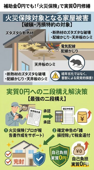 市役所のシートに頼らず火災保険と雑損控除でネズミ被害を0円修繕する仕組みの図解。上部には「火災保険の対象になる被害」として、ネズミに壊された天井裏断熱材、かじられた配線、フン尿のシミを「突発的損害」として描写。下部には、建築に強い優良業者が被害報告書を作って火災保険を申請する流れと、カバーしきれない分を確定申告の「雑損控除」で回収する二段構えのルートを解説し、最終的に「自己負担実質0円」で家ごと修繕・完封できる解決策を示したイラスト。