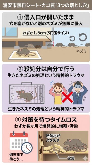 浦安市役所の無料粘着シートやカゴ罠による自力ネズミ駆除に潜む3つの落とし穴の図解。1つ目は、1.5cmの侵入口が開いたままで別のネズミが無限侵入するループ。2つ目は、カゴ罠で捕獲した後の生きたネズミの殺処分を自分で行う精神的トラウマ。3つ目は、申請や準備を待つタイムロスの間に天井裏の断熱材で爆発的に繁殖・営巣されてしまう危険性を解説したイラスト。