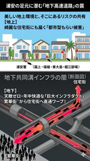 浦安市の都市インフラが招くネズミの地下移動ルートの図解。上部には「地上の住宅街」として、綺麗な街並みのわずかな隙間からネズミが侵入するもらい被害を描写。下部には「地下の断面図」として、液状化対策や電線地中化で整備された巨大な下水道・電気共同溝（インフラダクト）が、天敵のない安全な高速道路となり、ネズミが繁華街から住宅街へ直通ワープする構造を解説しているイラスト。